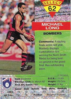 1994 Select AFL #62 Michael Long Back